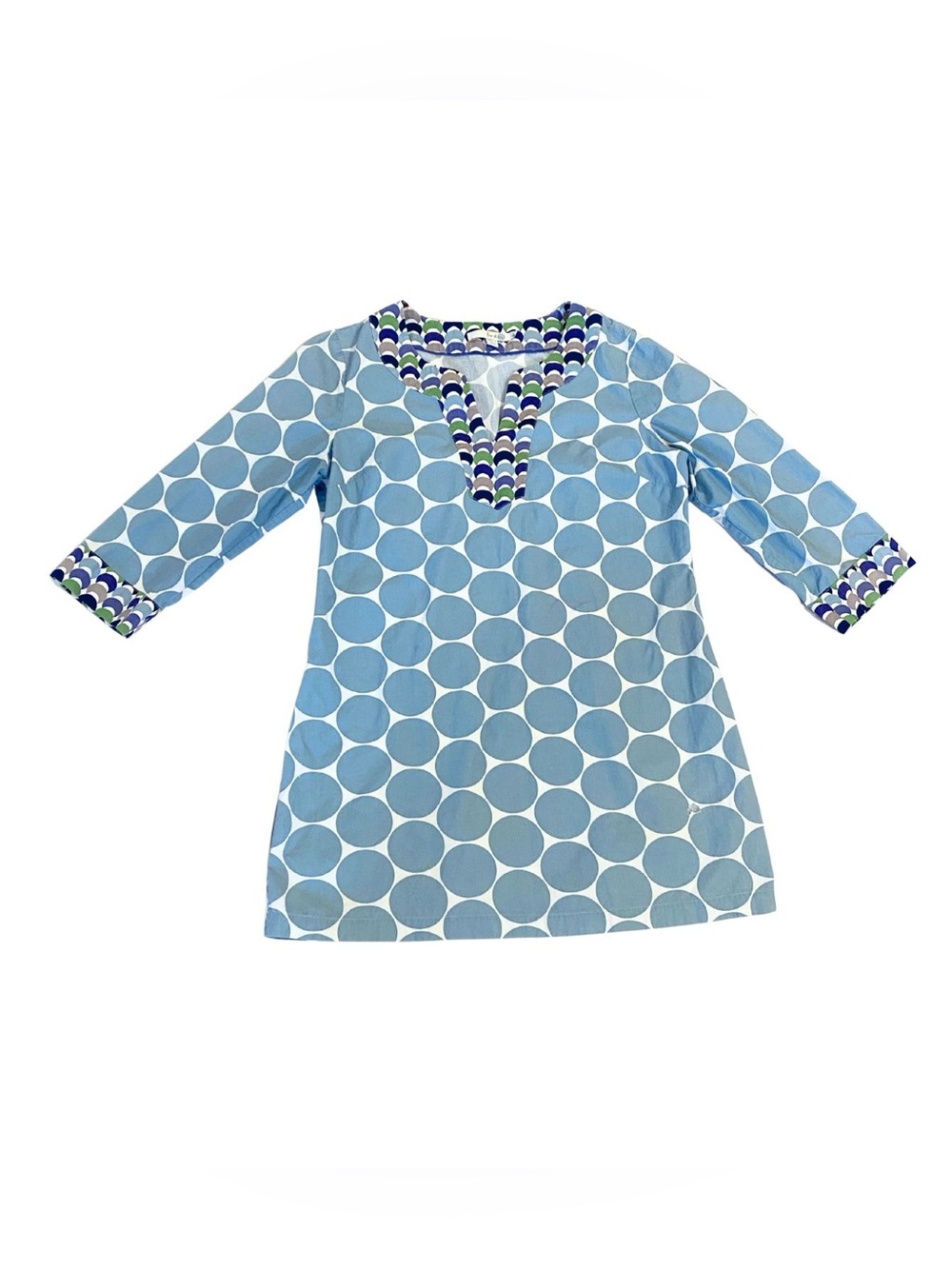 Boden Cotton Tunic Dress Blue Green Size 8 Geometric Polka Dot Long Sleeve Retro